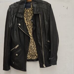 American Eagle Outfitters Black Faux Leather Jacket with Leopard Lining
